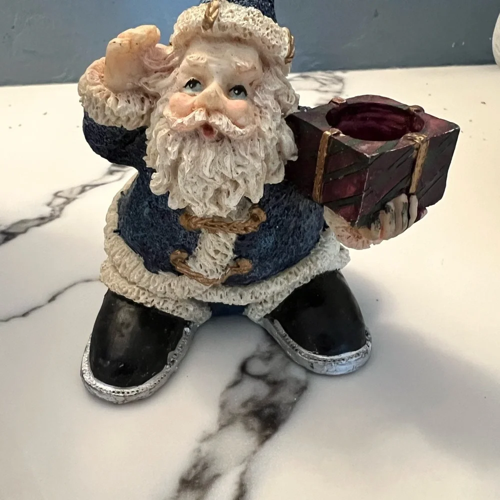 Set of 2 Santa Claus Green/Tan Figurines/Candle Holders FLAW